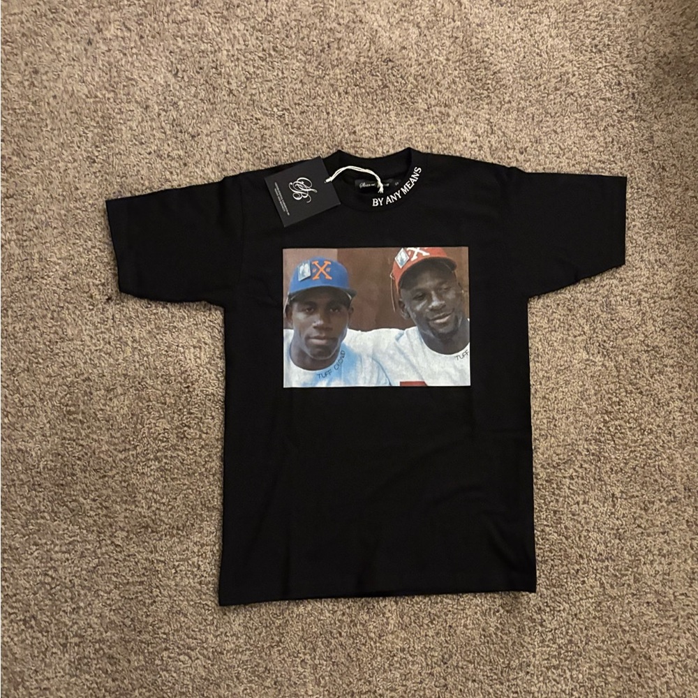 Black Graphic Short Sleeve Tee with Photo of Magic Johnson and Micheal Jordan